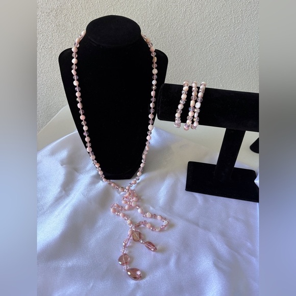 Jewelry - Beaded Long Wrap Necklace Matching 3 Beaded Bracelets Pink Party Barbie Fairy